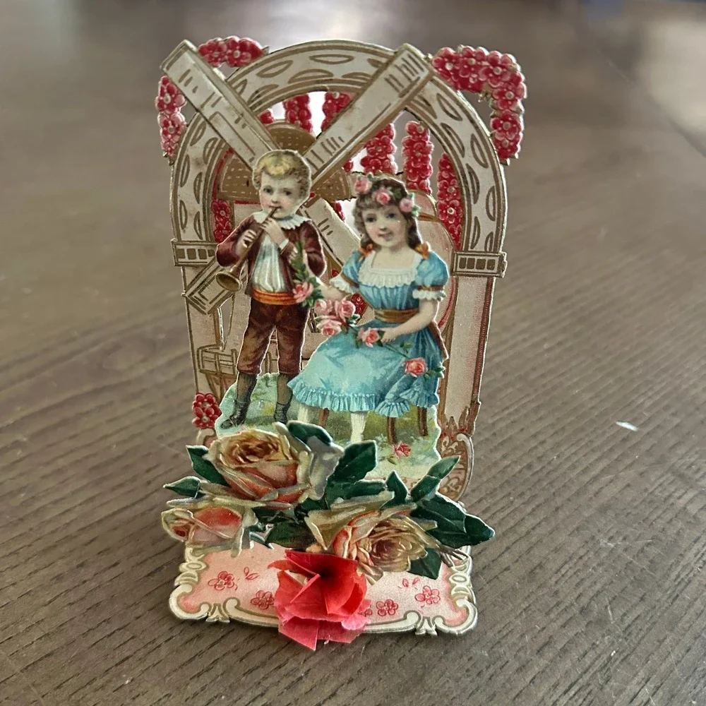 Antique Victorian Pull Down Valentine Card Windmill Boy Girl Die Cut Germany